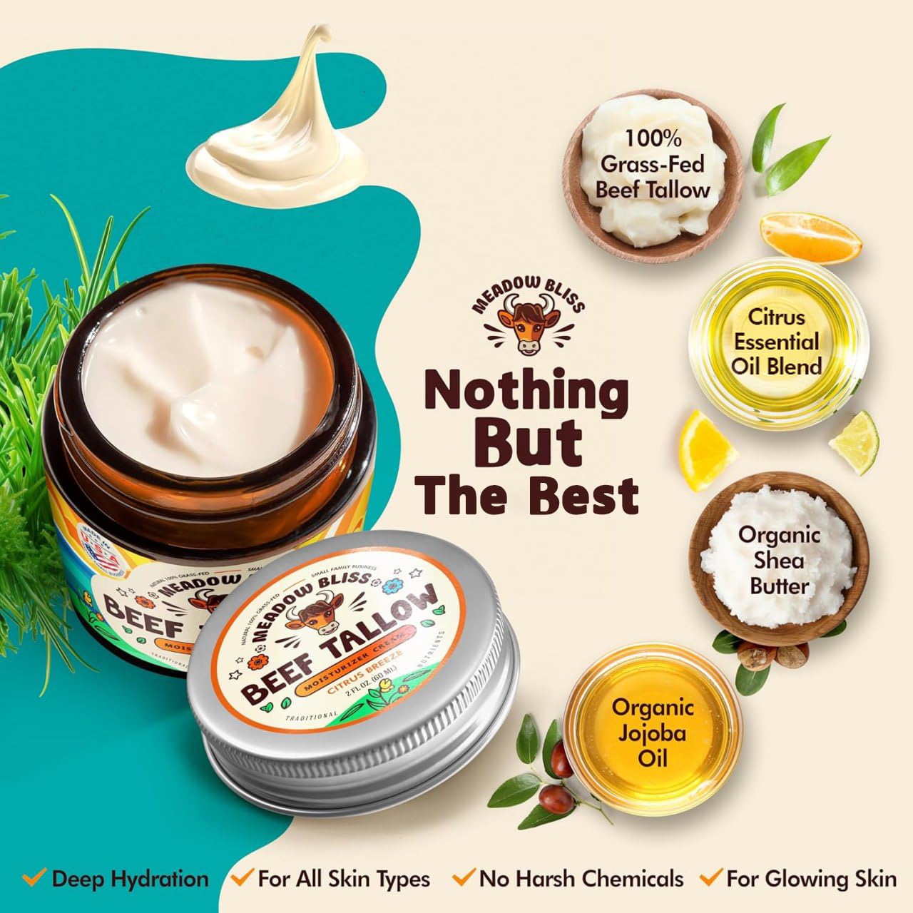 Meadow Bliss Beef Tallow for Skin - Moisturizer Cream - 100% Grass Fed - Whipped Beef Tallow - Organic Jojoba Oil - Organic Shea Butter - Supports Eczema, Rosacea+ - Made in USA - Citrus Breeze - 4 oz